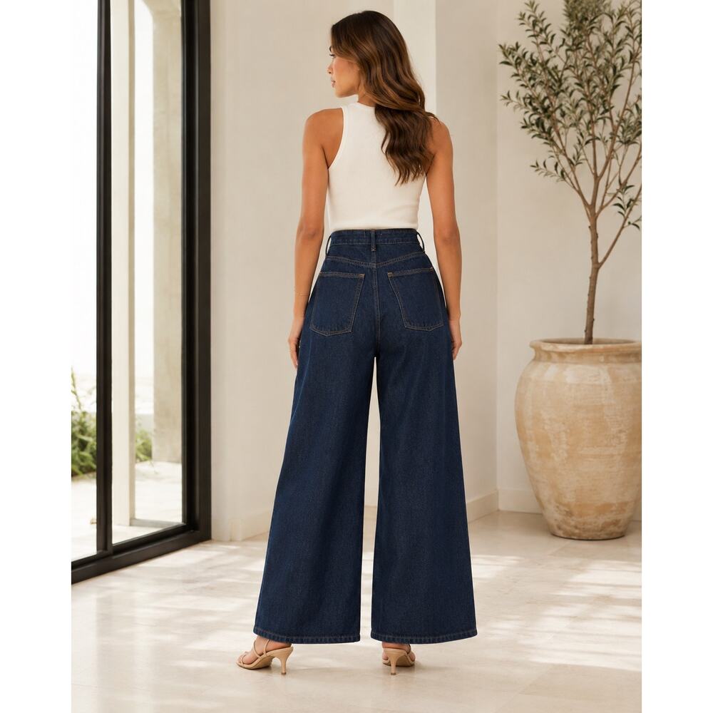 Good American Pleated Wide Leg Denim Trousers Dark Wash Luxury NWT Size 2 / 26 - Picture 3 of 16